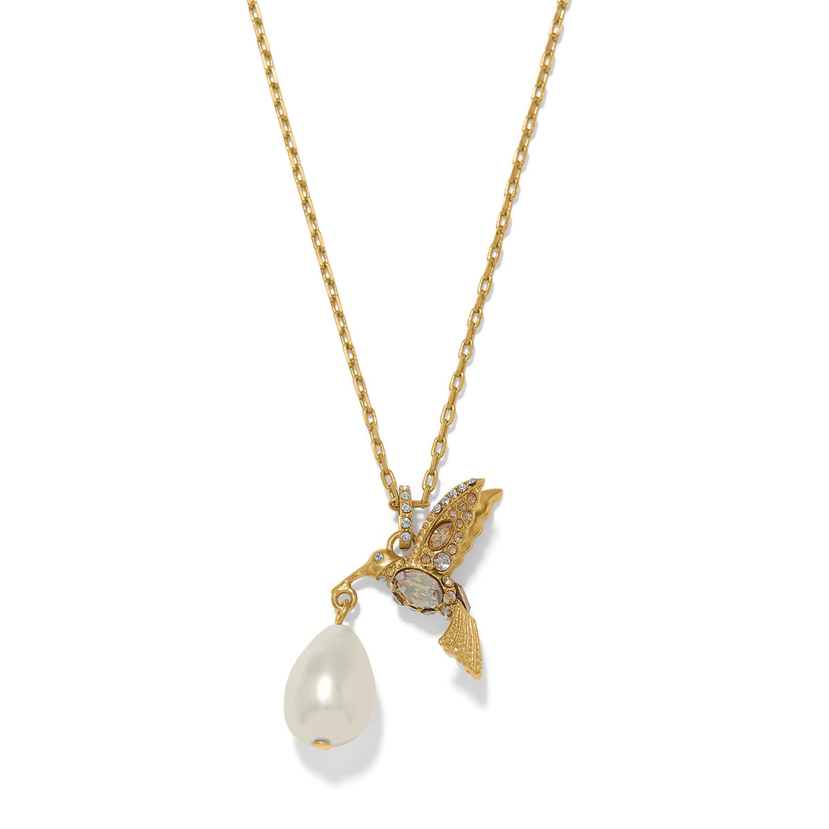 Gold plated hummingbird necklace with crystals and a hanging white glass pearl drop.