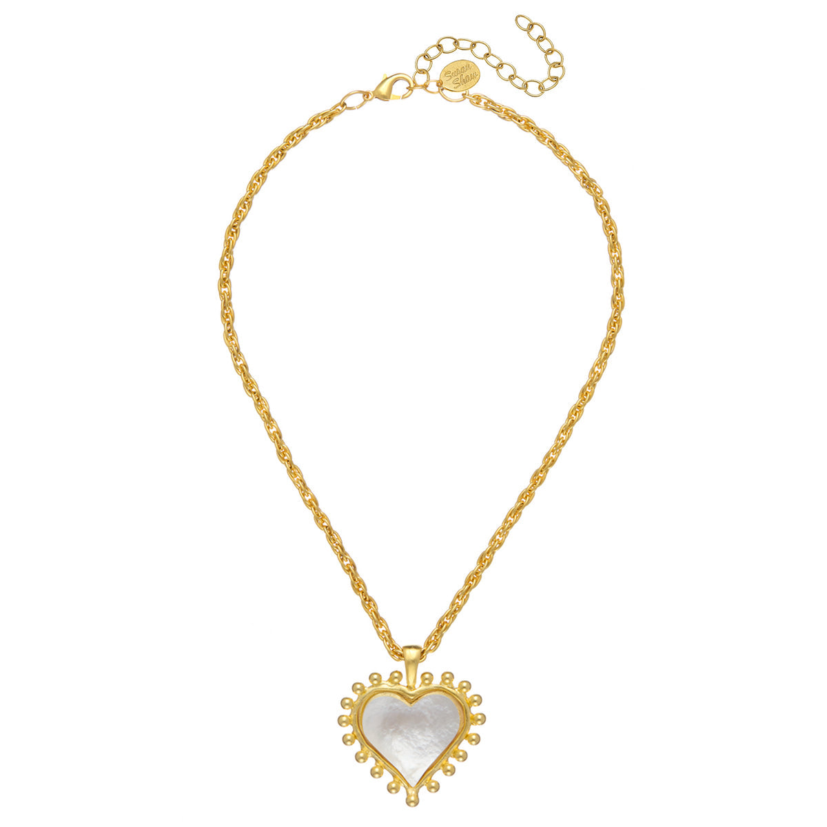 Triple-plated gold heart necklace with genuine mother of pearl center on a 16-inch chain.