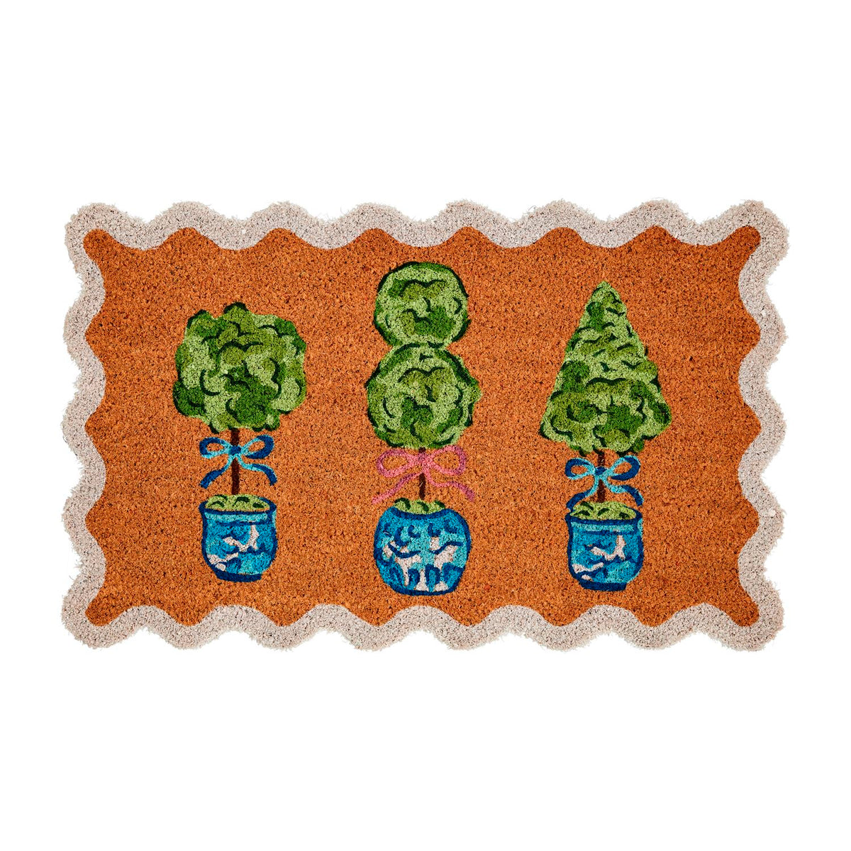 Topiary door mat made from natural coir fiber in a brown color with a sculpted tree silhouette.