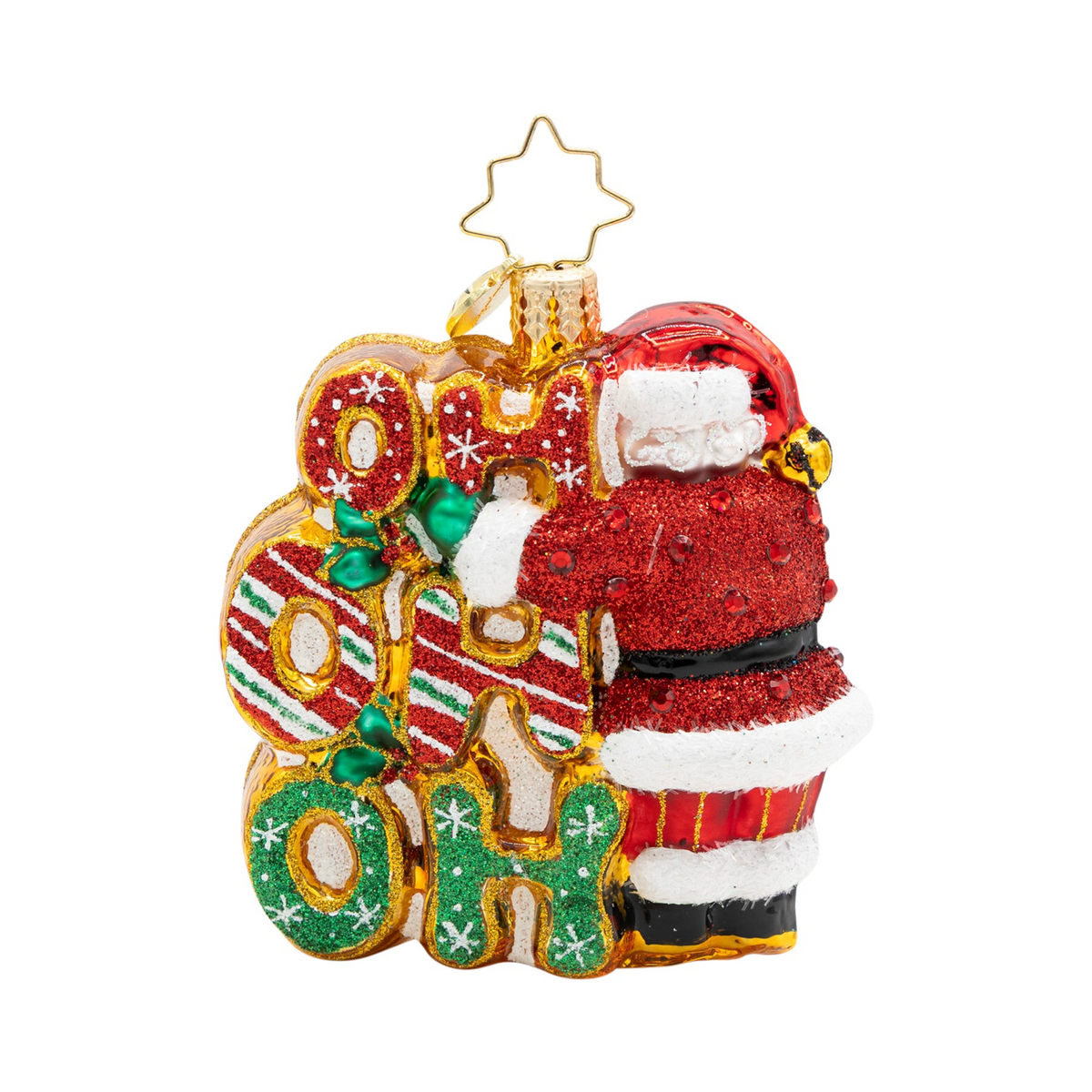 Glittery glass Santa ornament hugging stacked 'HO HO HO' letters with festive patterns.