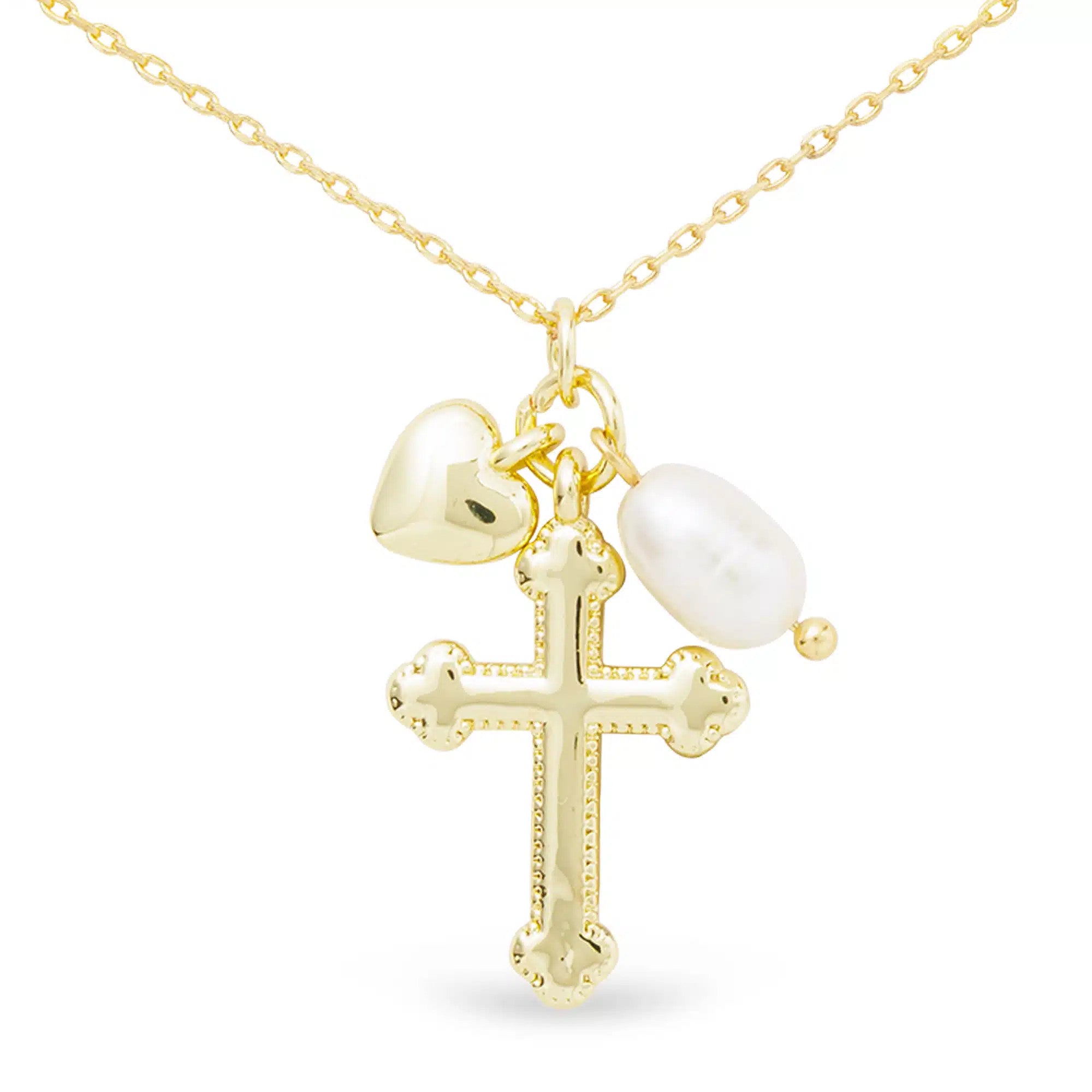 Gold chain necklace featuring a cross pendant, a small gold heart, and a white pearl charm.