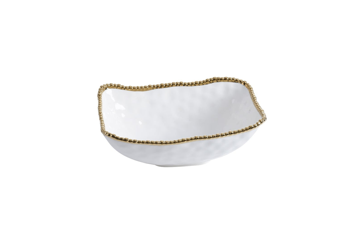 Deep white porcelain serving bowl with a hammered texture and gold beaded titanium rim.