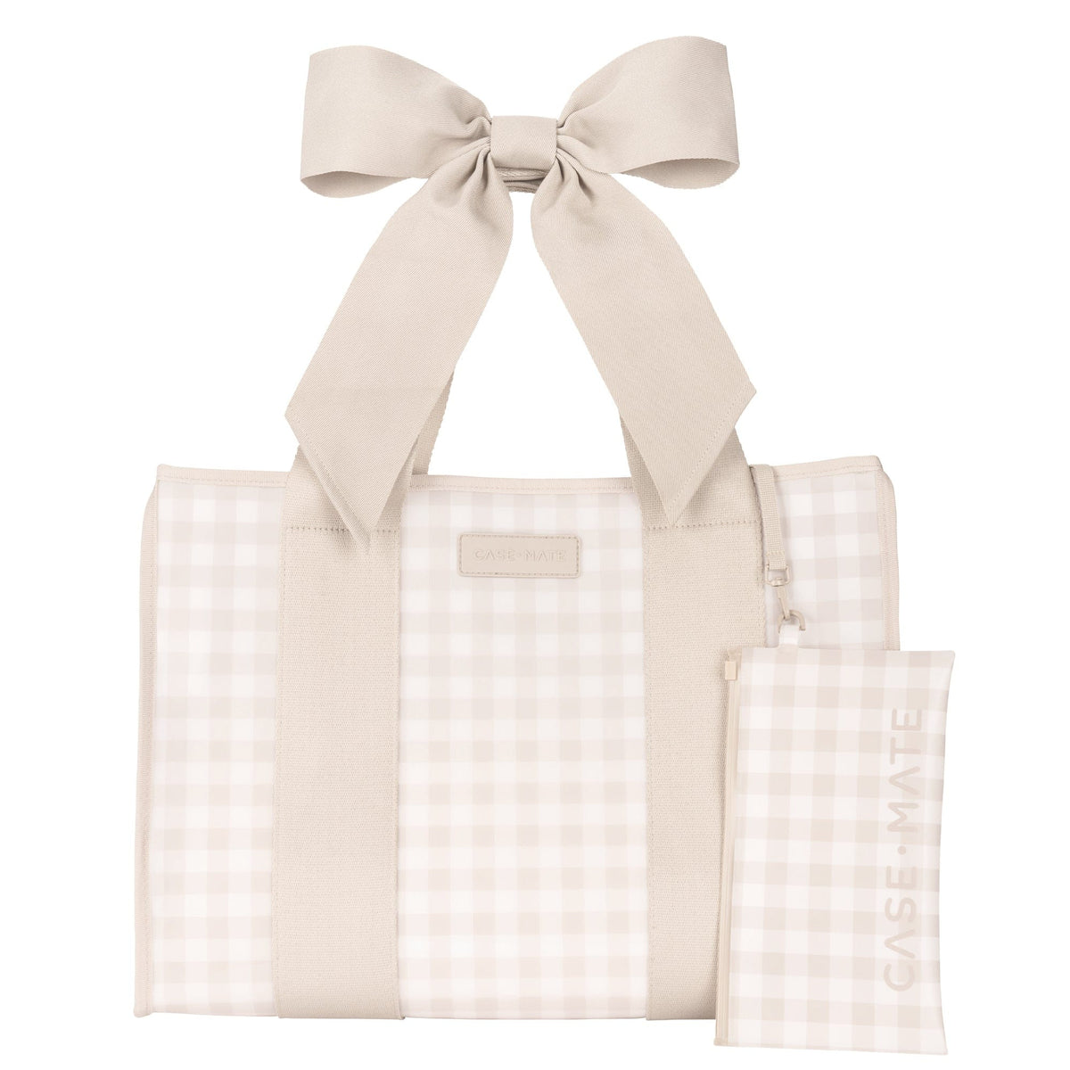 Beige gingham jelly tote bag with a large bow on the straps and a matching phone pouch.