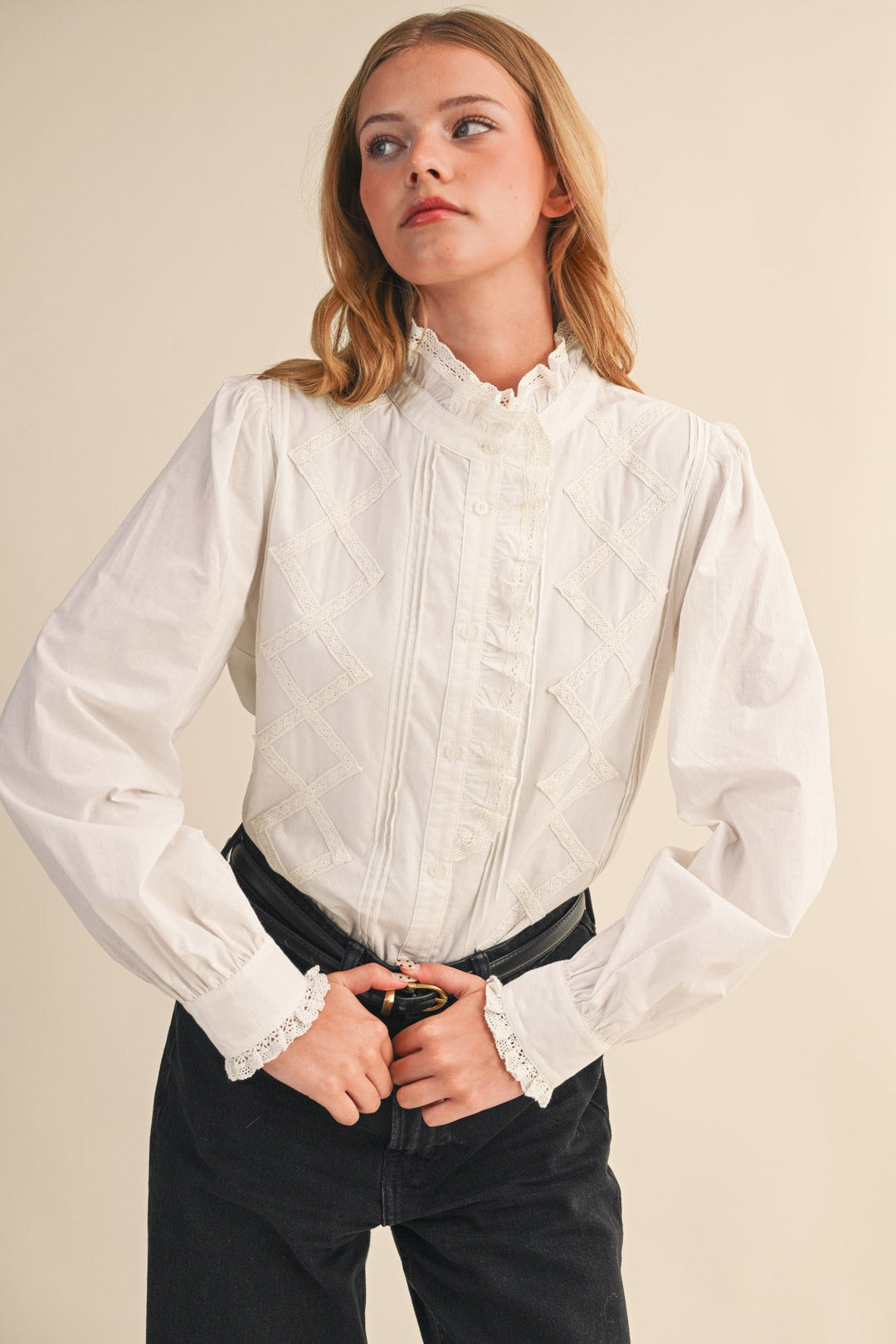 Lucy Ruffled Lace Trim Button Down Top