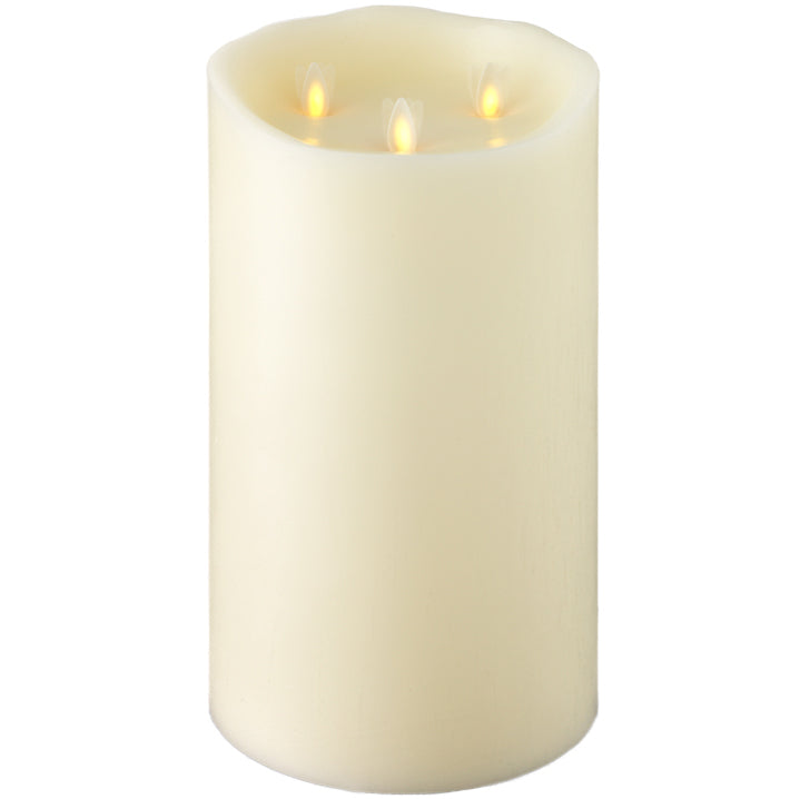 6" x 10" ivory wax pillar candle with three moving flame LED lights.