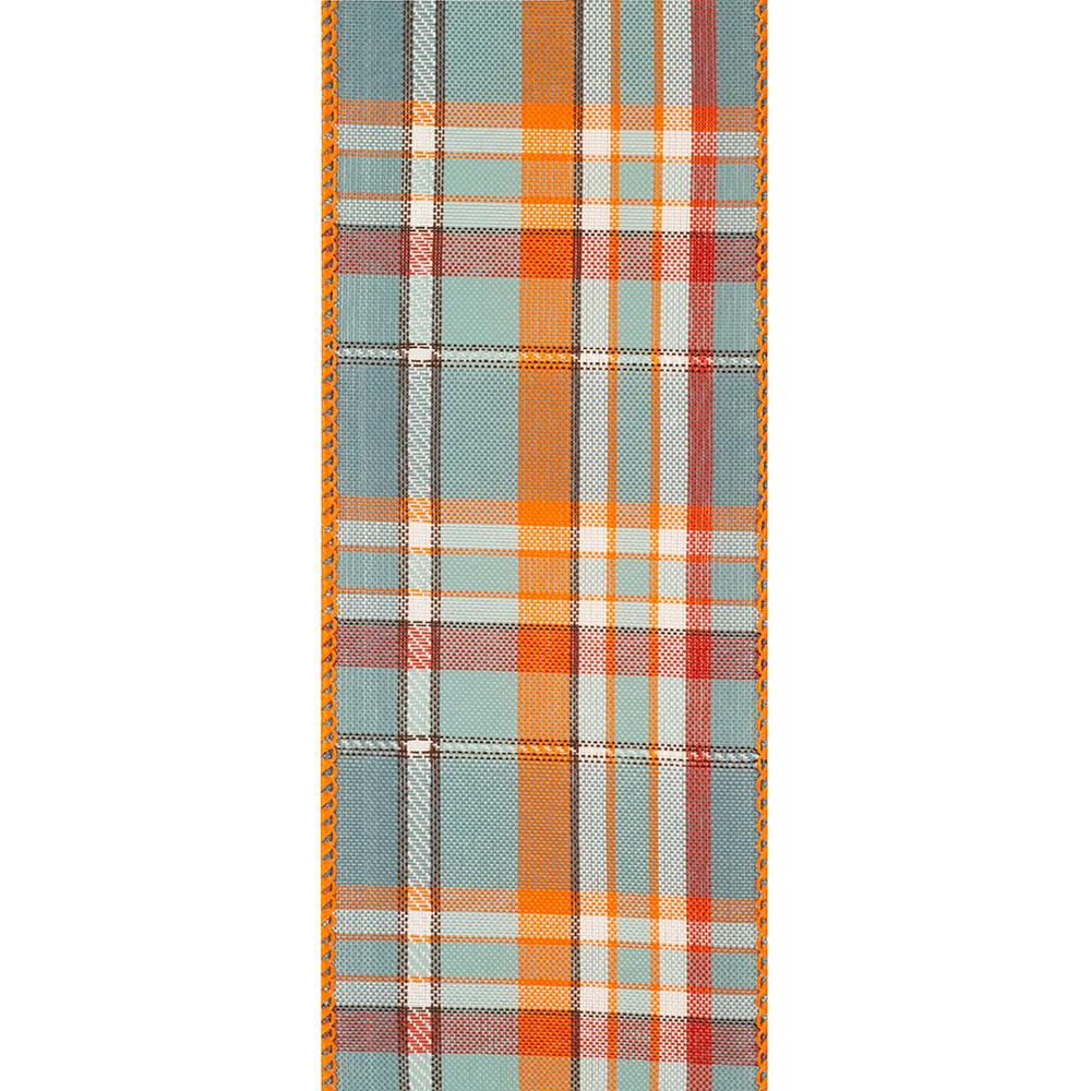 February Plaid Wired Edge Ribbon featuring a blue, orange, and white checkered pattern.