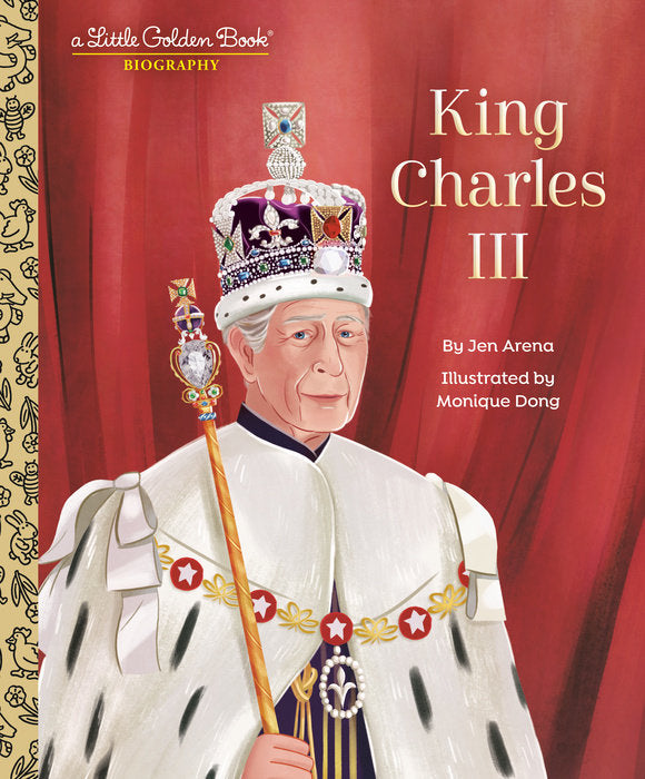 Hardcover biography titled King Charles III: A Little Golden Book Biography with gold foil lettering on a dark cover.