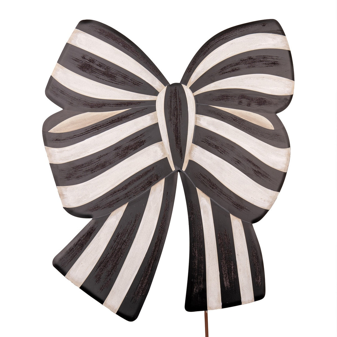 Elegant Bow Yard stake with a natural wood finish featuring an asymmetrical bow silhouette and metal hardware.