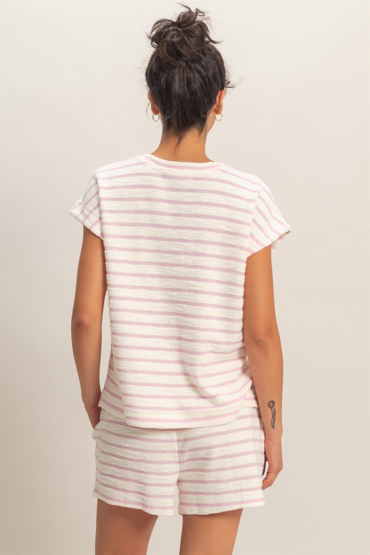 Sandra striped round neck short sleeve top in cotton polyester blend