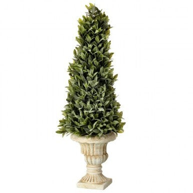 Flocked sage green cone-shaped topiary with a textured finish.