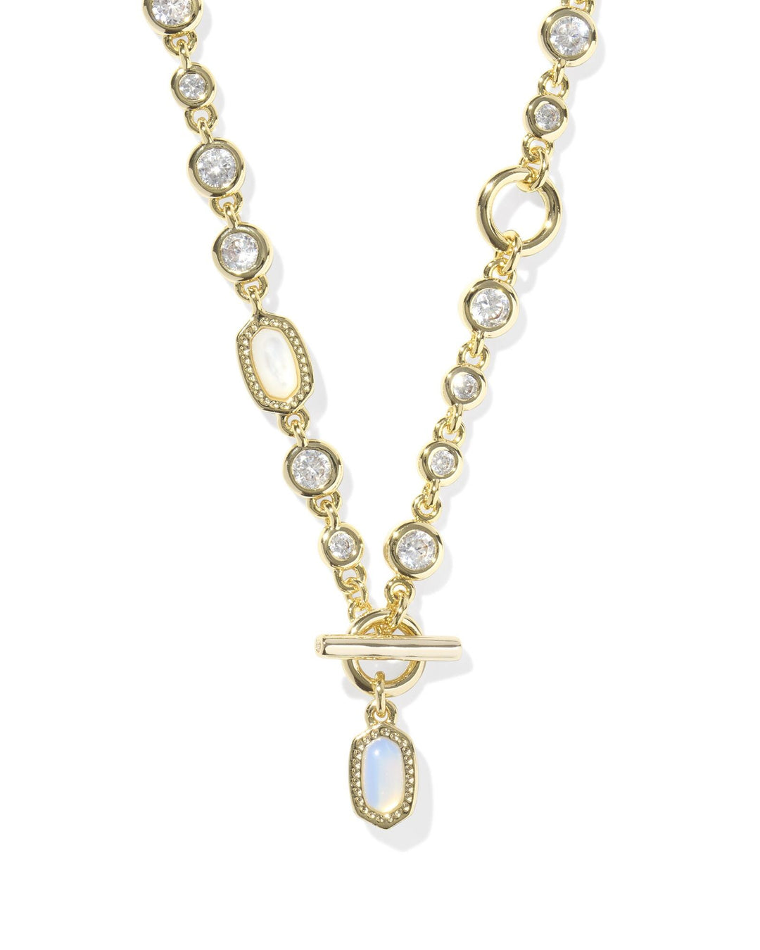 Gold Mini Elisa Abbie Strand Necklace with bezel-set crystals and moonstone-like oval accents.