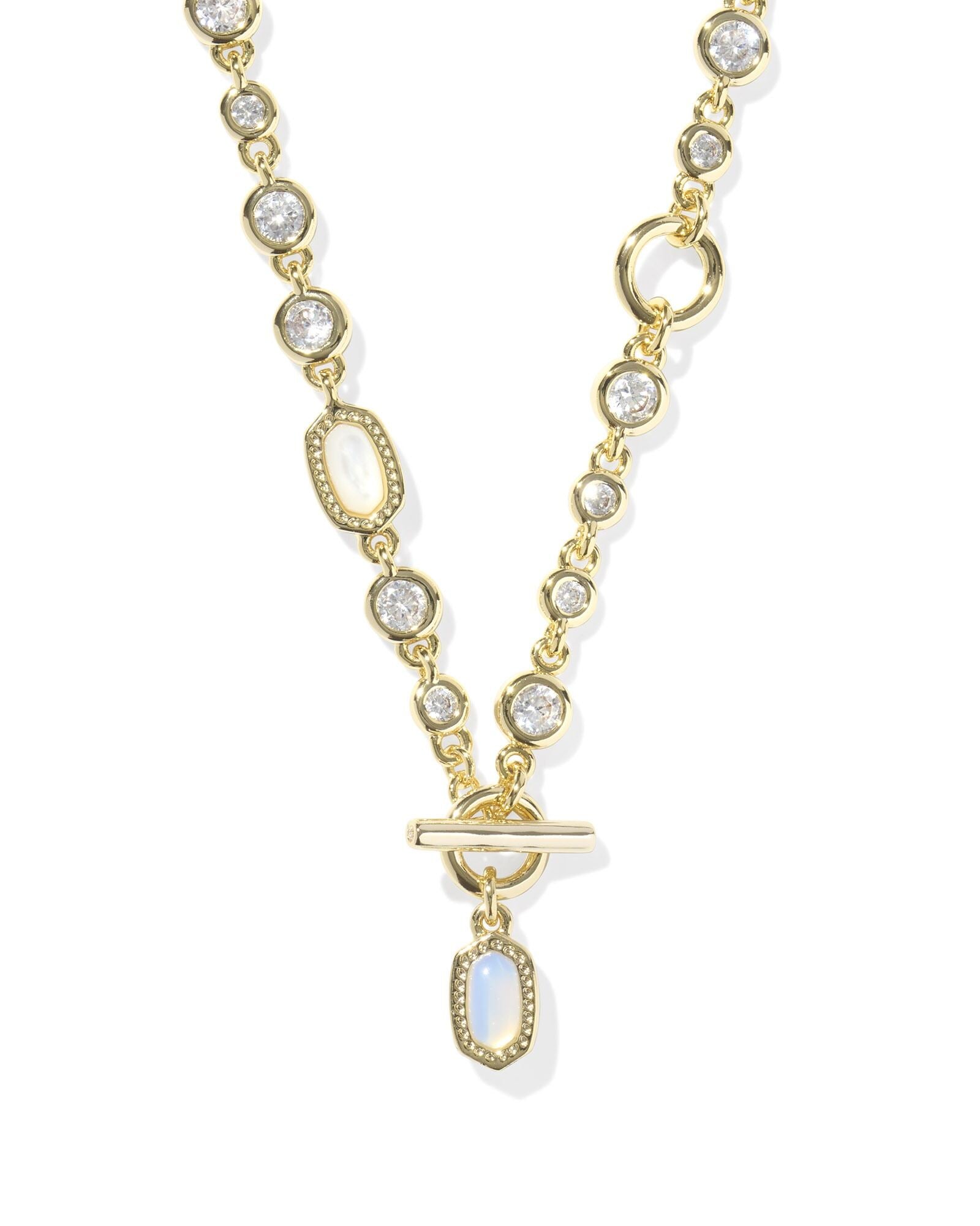 Gold Mini Elisa Abbie Strand Necklace with bezel-set crystals and moonstone-like oval accents.