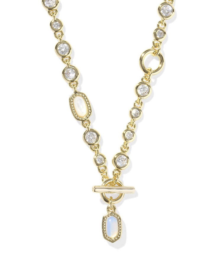 Gold Mini Elisa Abbie Strand Necklace with bezel-set crystals and moonstone-like oval accents.