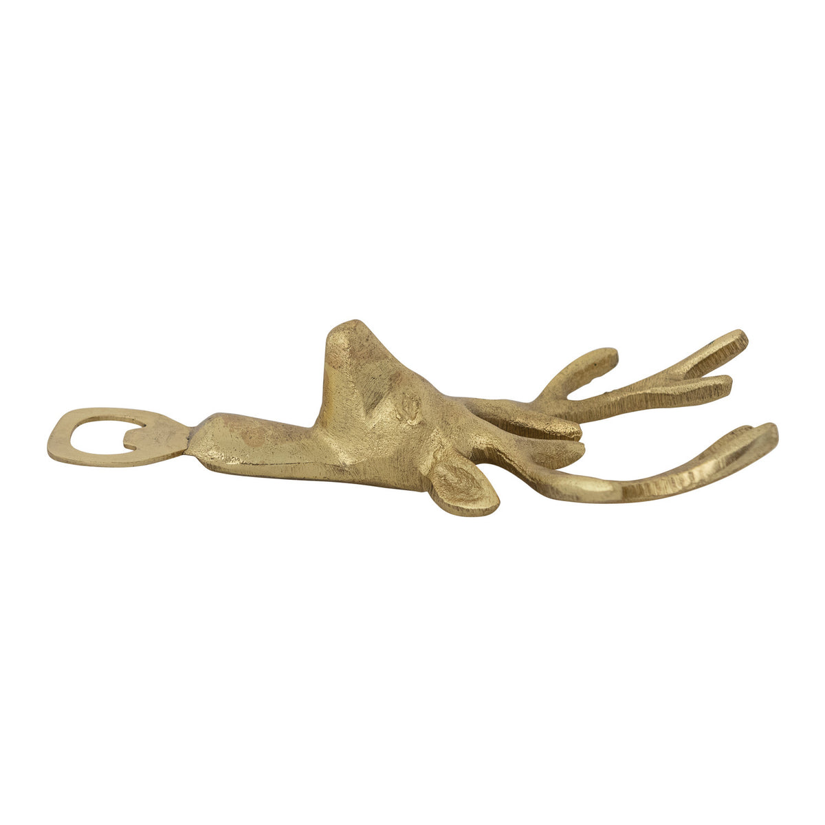 Gold finish cast aluminum bottle opener shaped like a deer head with antlers.