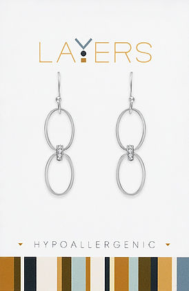 Silver double loop dangle earrings with cubic zirconia accents on a Layers brand card.