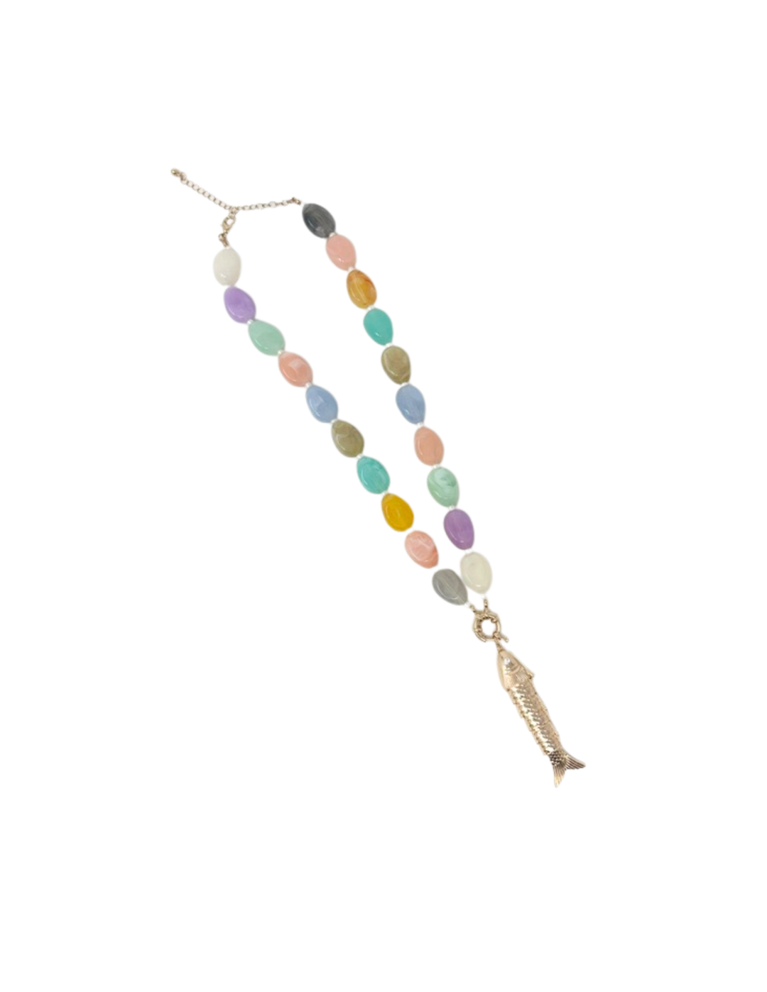 Multicolor beaded necklace with smooth oval beads and a detailed gold fish pendant.