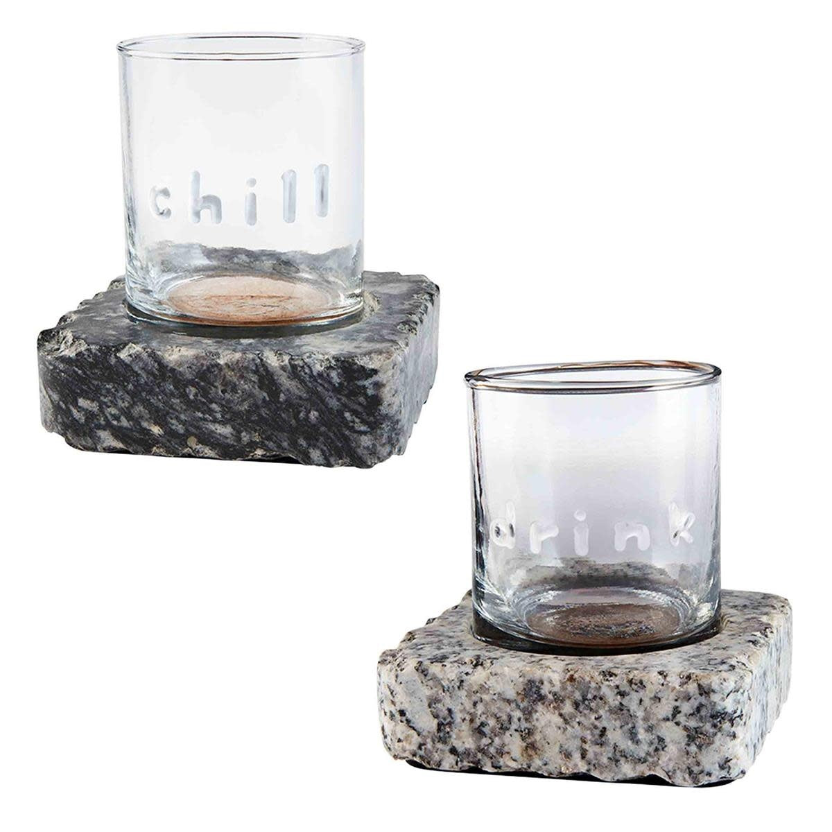 Embossed double old fashioned glass with a granite chilling stone