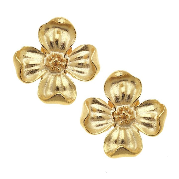 Gold-plated stud earrings featuring delicate dogwood flower clusters on posts.
