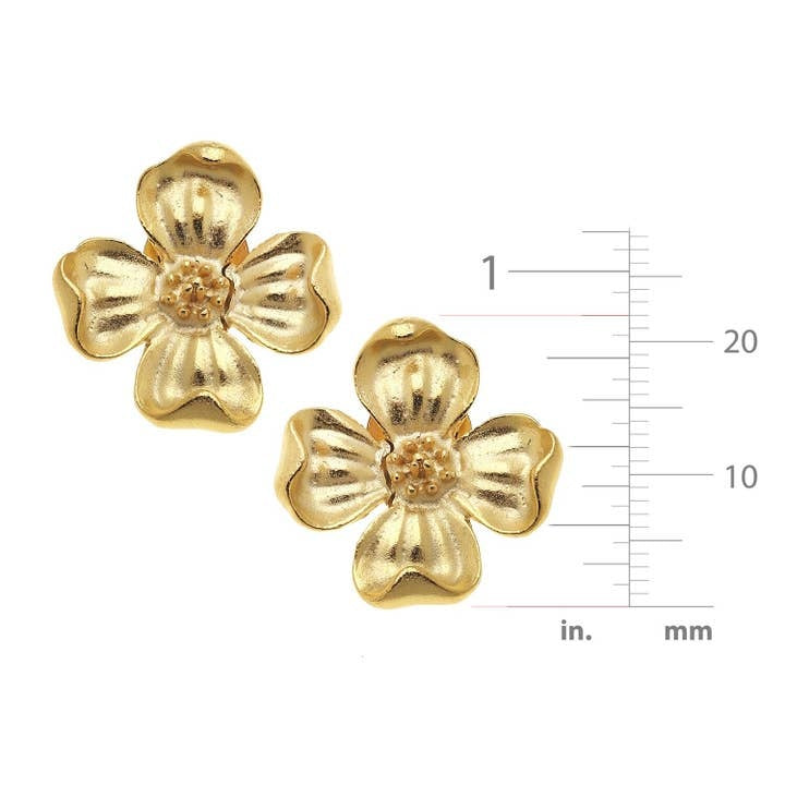 Gold-plated stud earrings featuring a delicate dogwood flower cluster with fine branch detailing.