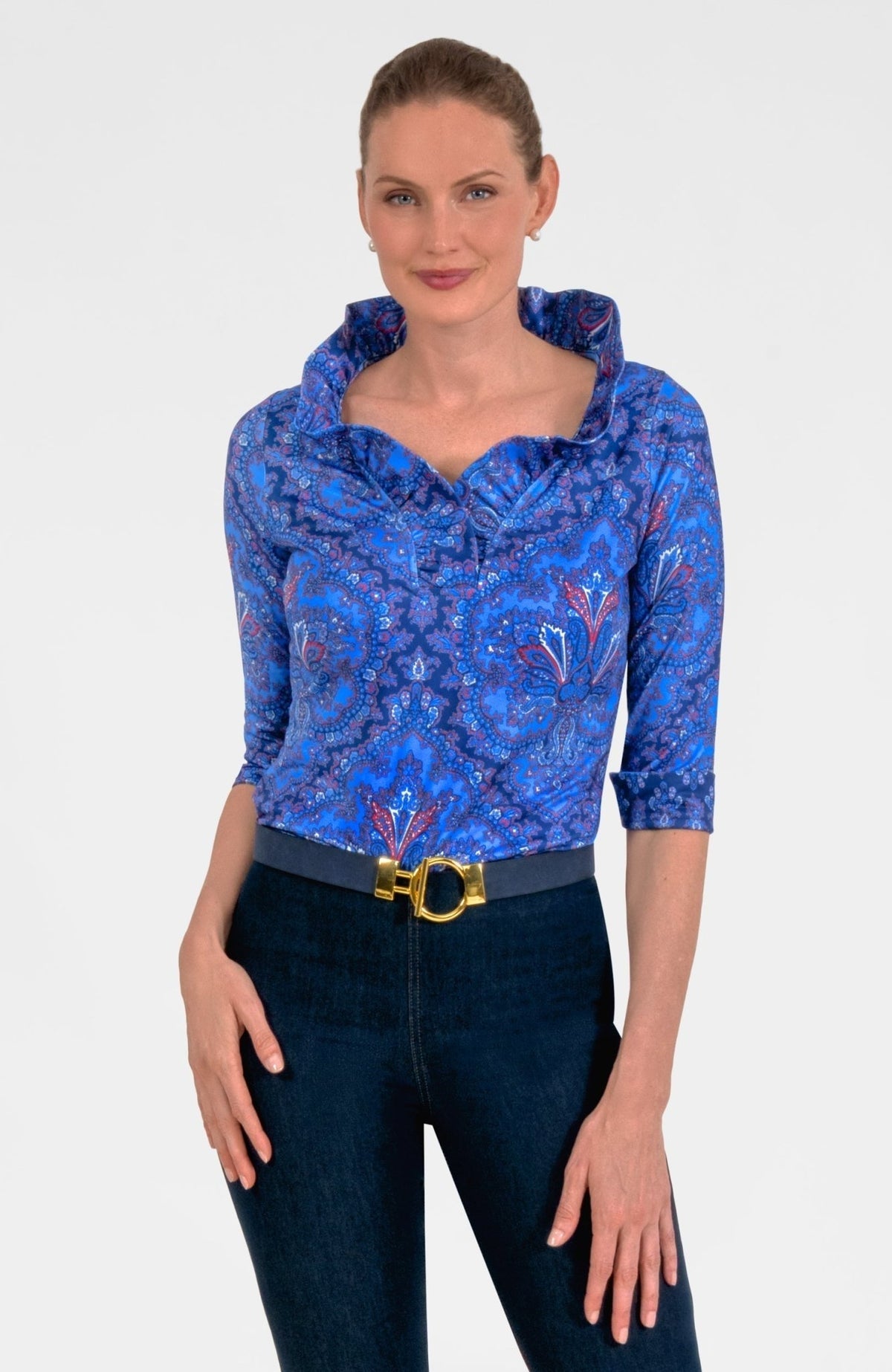 Imari ruffneck top in XXXL size featuring passion paisley print on a soft fabric with three-quarter sleeves.
