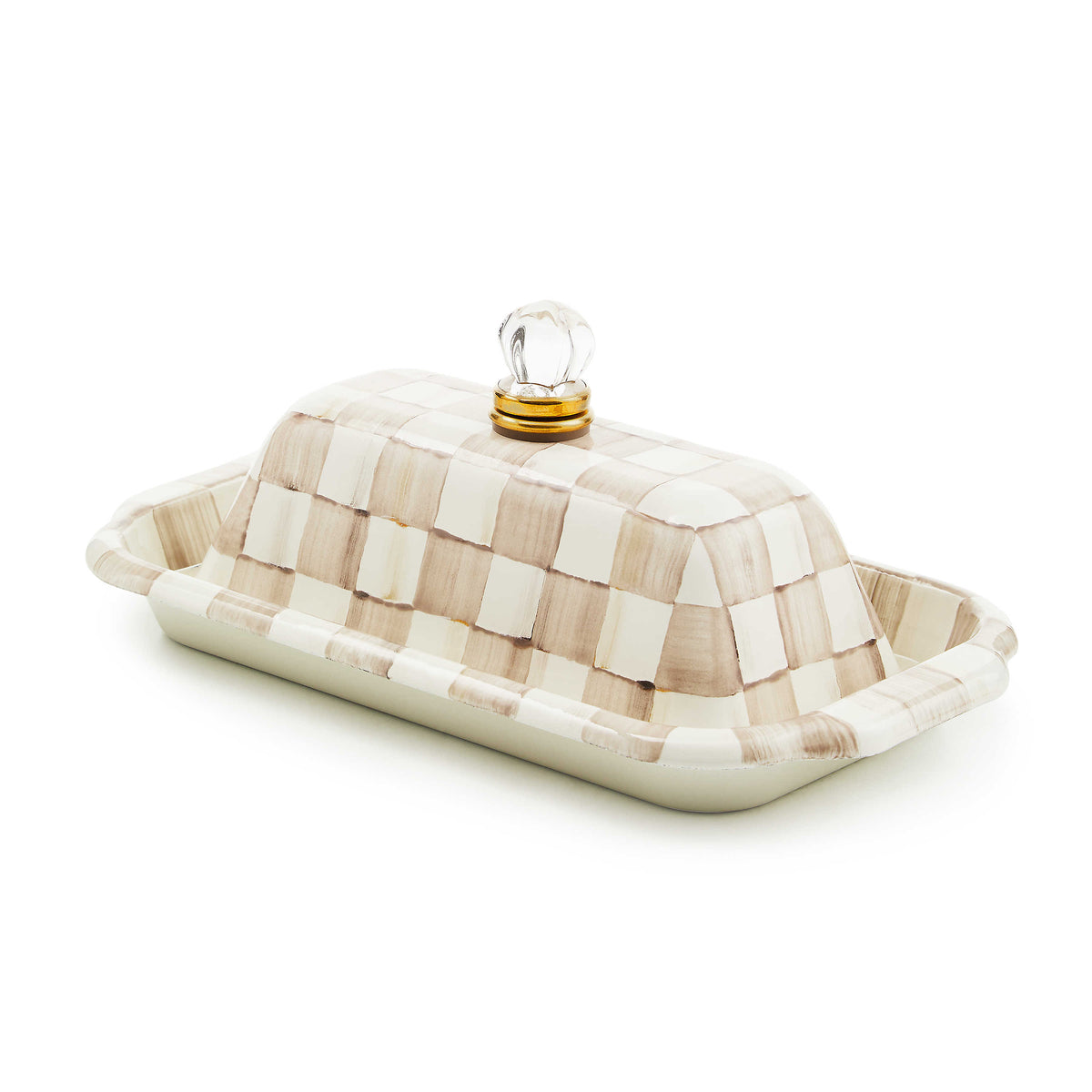 Hand-glazed steel butter box with mocha check pattern, brass accents, glass lid, and rectangular silhouette.
