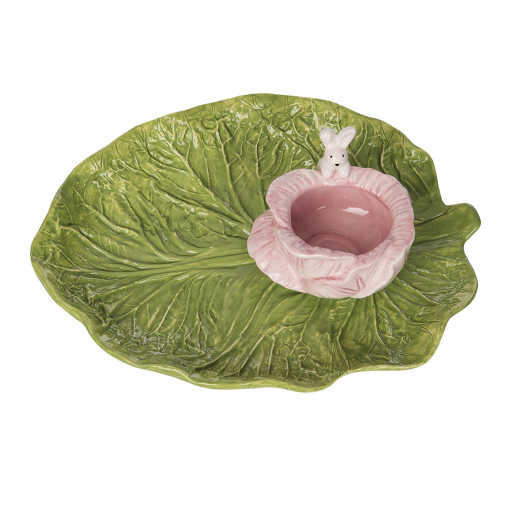Ceramic cabbage-shaped chip bowl with dip in natural earth tones.