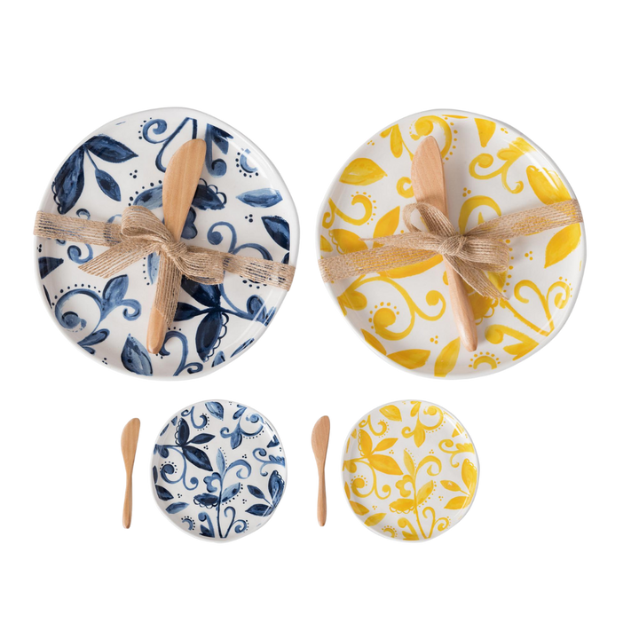 Ceramic citrus indigo appetizer plates with wood spreader