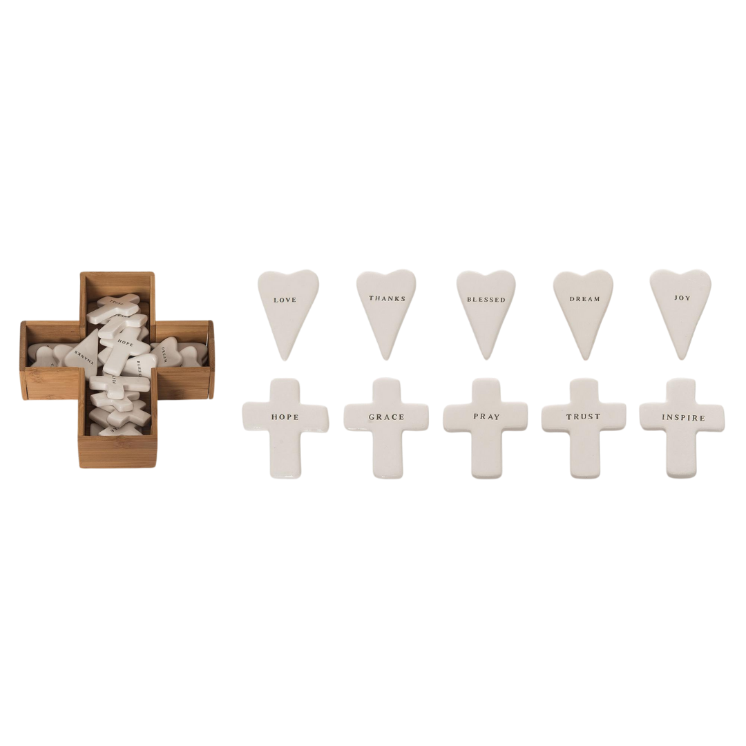 Dolomite pocket stones with wooden accents in a square arrangement.