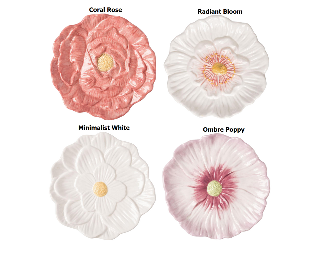 Ceramic garden party plate with vibrant floral and insect patterns on a white background.