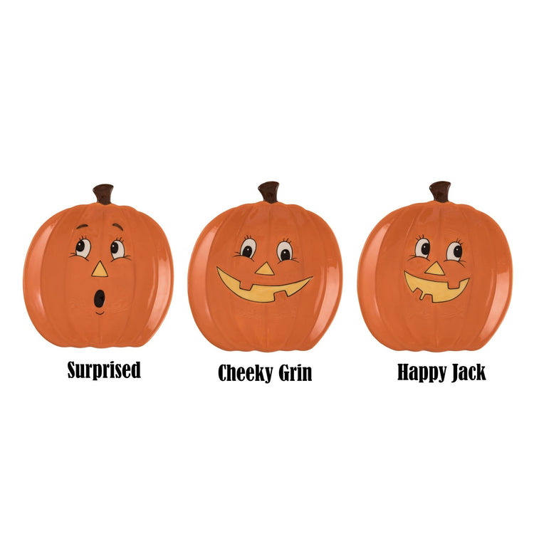 Square dolomite platter with orange pumpkin face design on white background