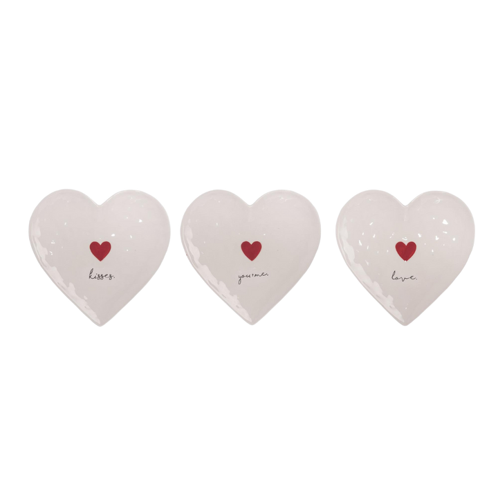 White ceramic heart-shaped saucer measuring 8 inches with a smooth glossy finish.