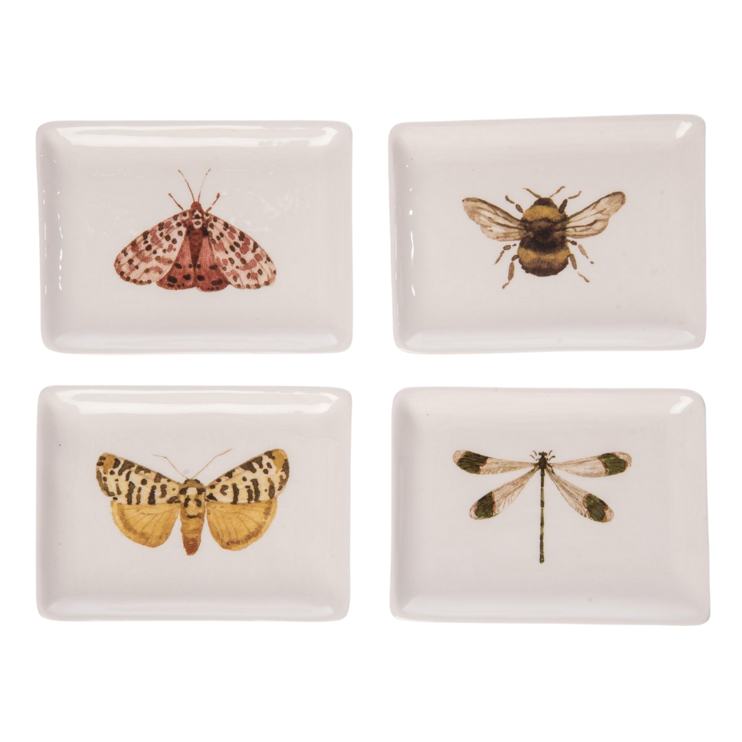 Ceramic trinket dish with delicate insect designs including a bee, moth, and dragonfly.