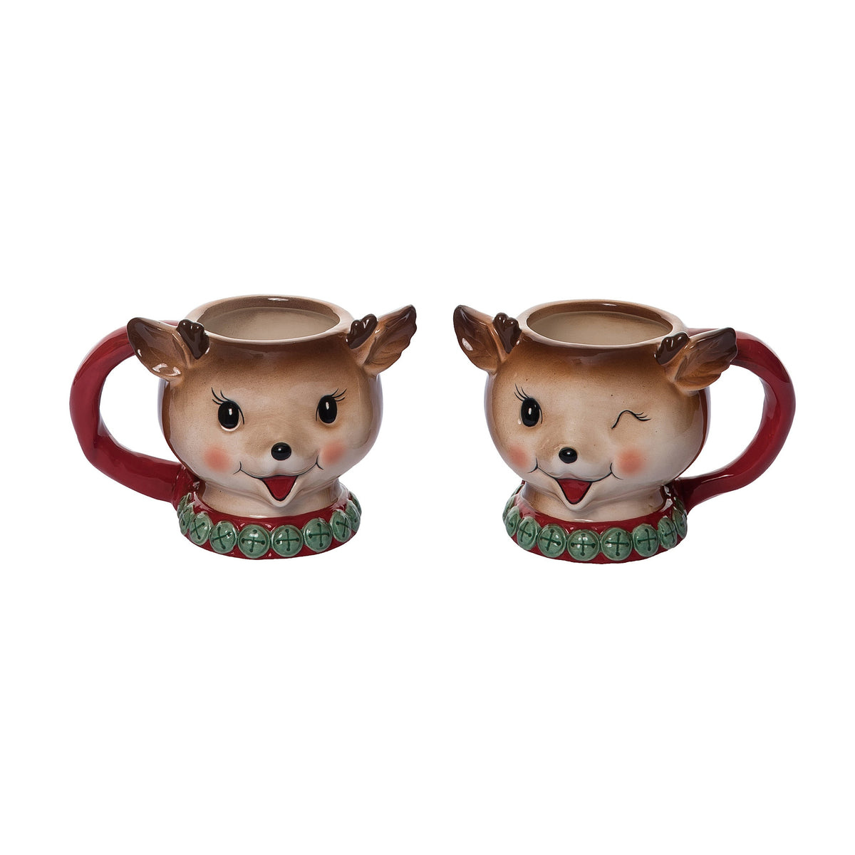 Ceramic mug with vintage Christmas reindeer illustration in red and green tones.