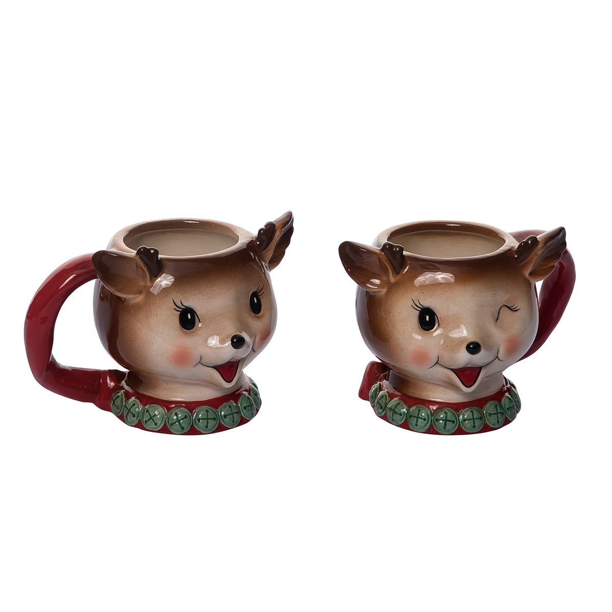 Ceramic mug with vintage Christmas reindeer illustration in red and green tones