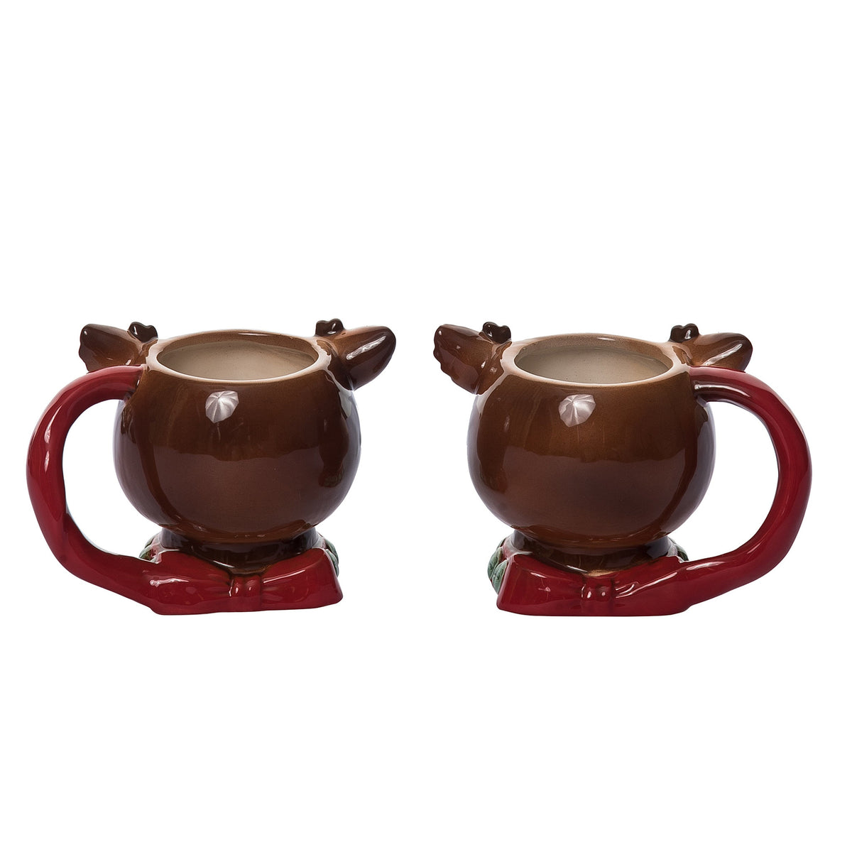 Ceramic mug with vintage Christmas reindeer silhouette in red and white pattern.