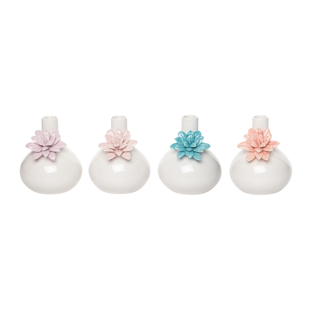 Wood flower vase in soft pastel finish with elegant square silhouette holding fresh flowers