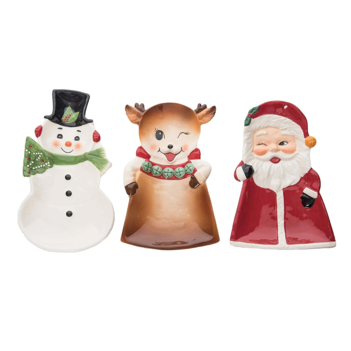 Square dolomite platter with vintage Christmas character designs in red and green.