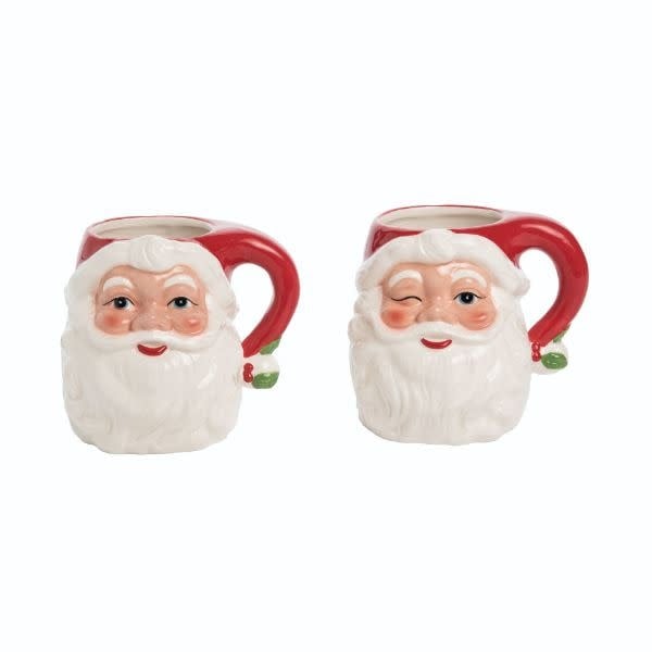 White dolomite mug shaped like Santa Claus with red hat trim