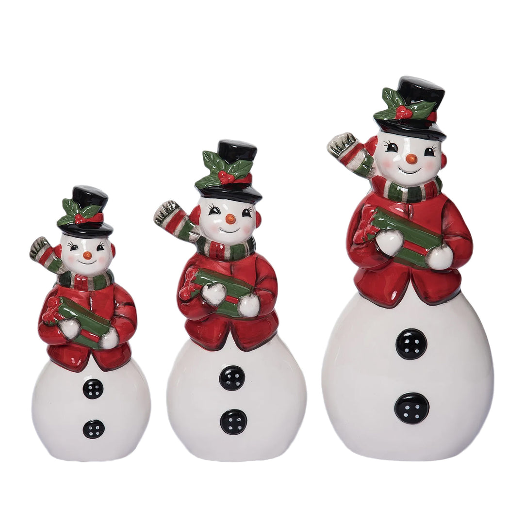 Ceramic vintage-style snowman figurine with a classic black top hat.