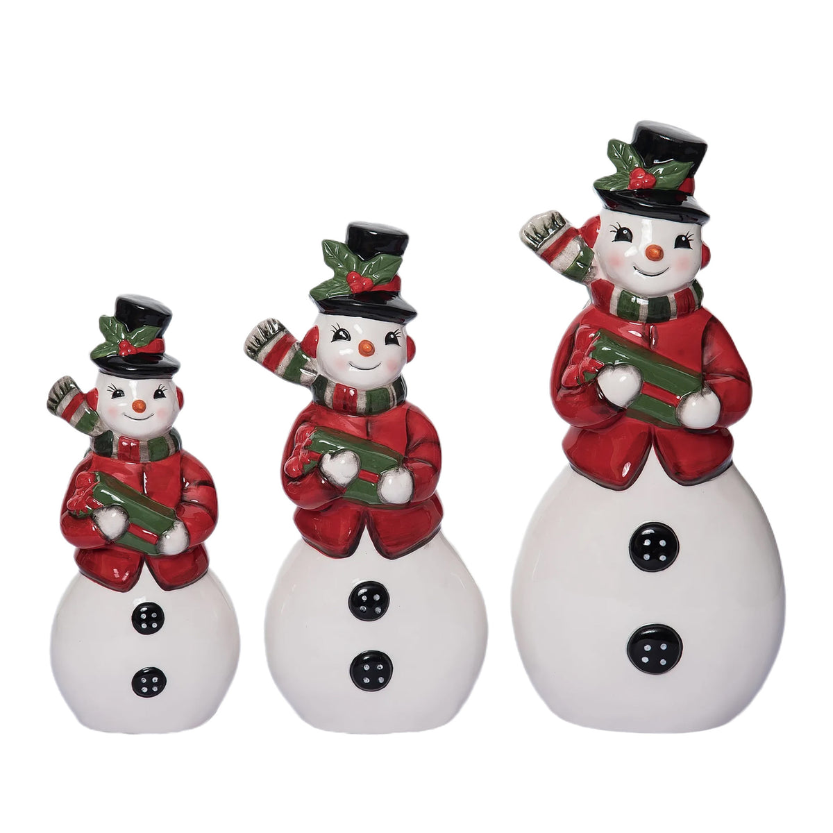 Ceramic vintage-style snowman figurine with a classic black top hat.