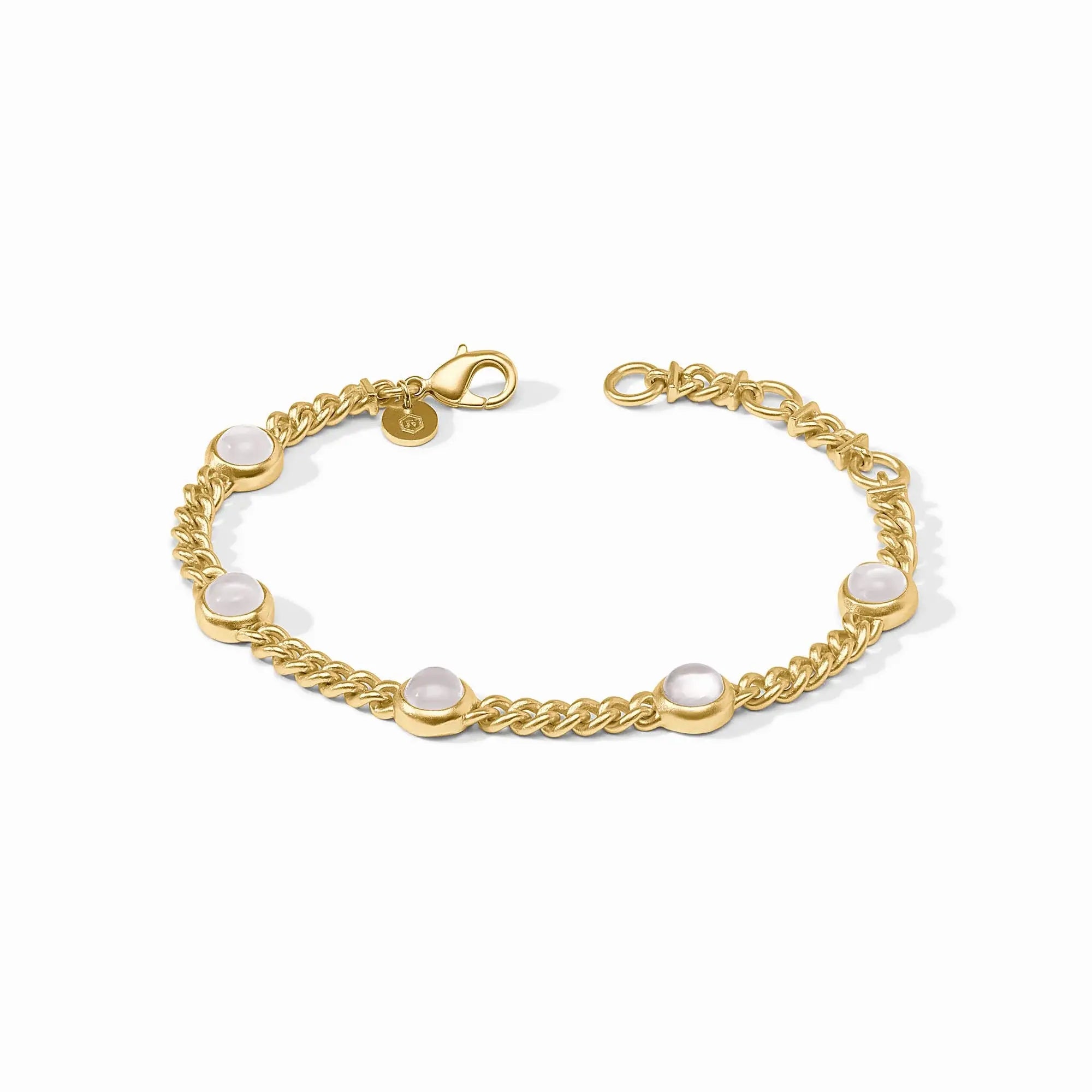 Adjustable Dolce Delicate bracelet with iridescent clear crystal beads on a gold plate chain.