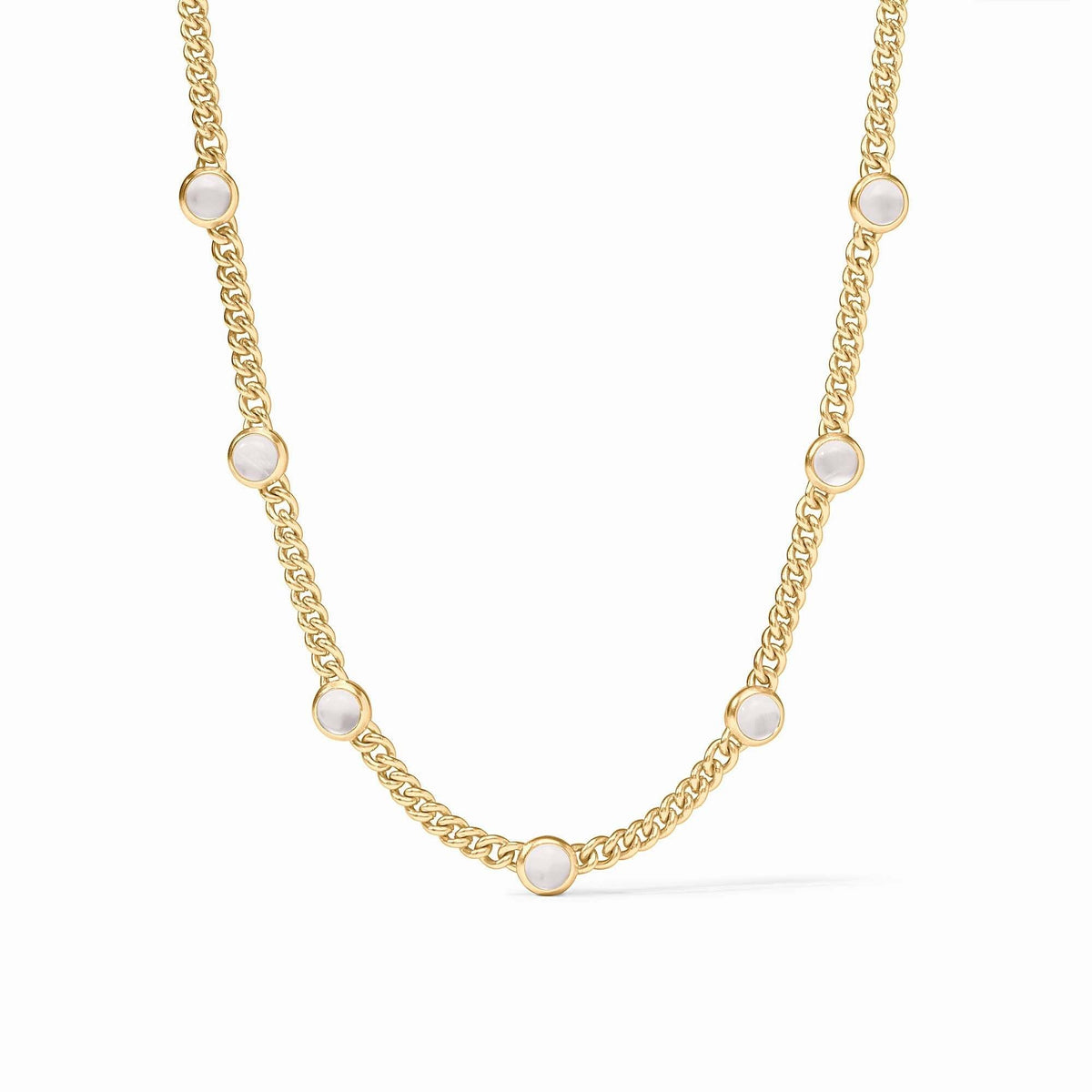 Adjustable Dolce Delicate Station necklace in iridescent clear glass with dainty gold-plated stations and lobster clasp.