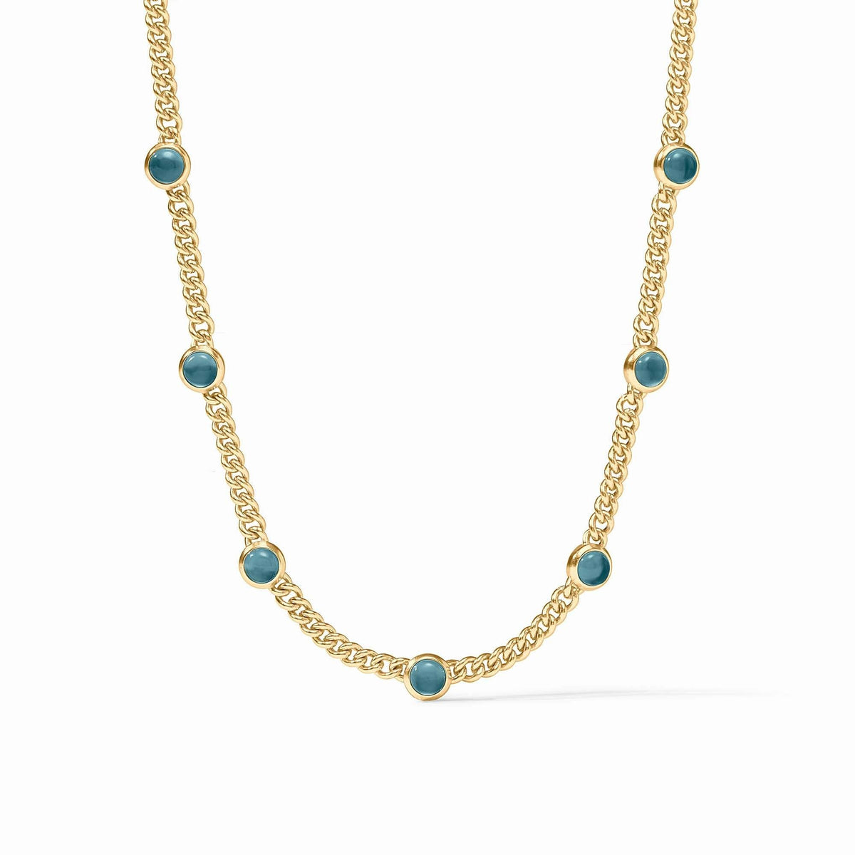 Adjustable Dolce Delicate Station Necklace in iridescent Montana glass with gold plate and lobster clasp.