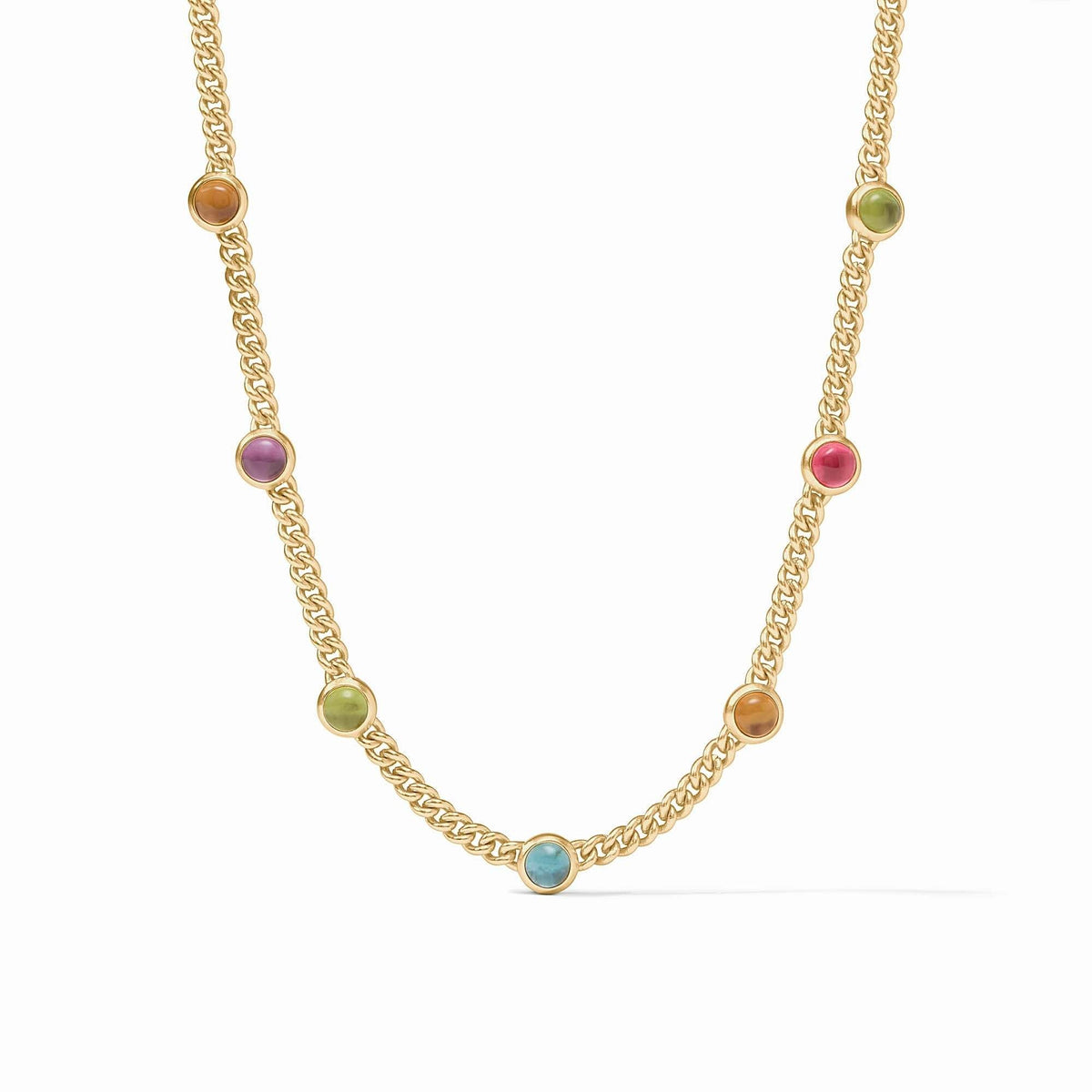 Adjustable Dolce Delicate Station necklace with iridescent multi-colored glass beads on a gold-plated chain.