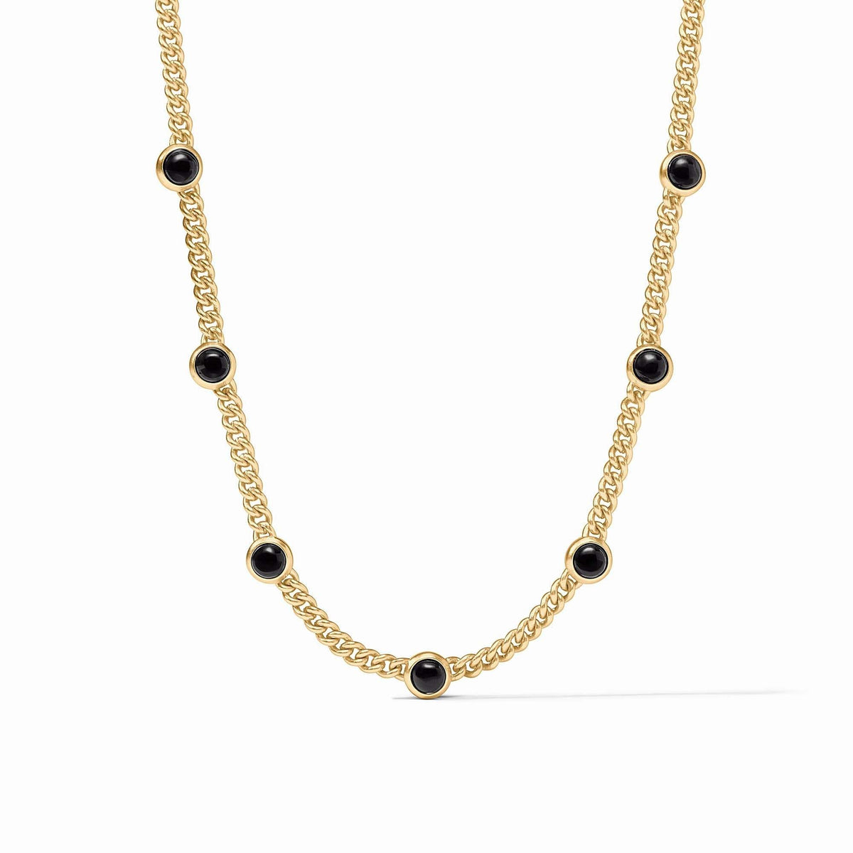 Obsidian black delicate station necklace with gold plate hardware on a chain.