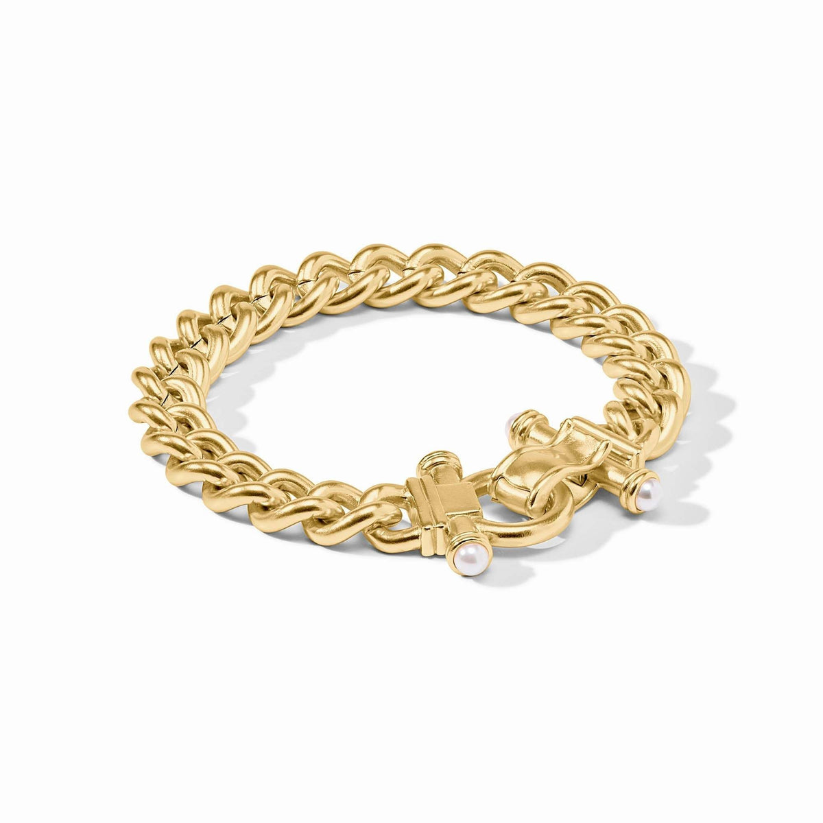 Dolce Demi Link Bracelet with glass pearls on a gold plate chain featuring a fold-over clasp.