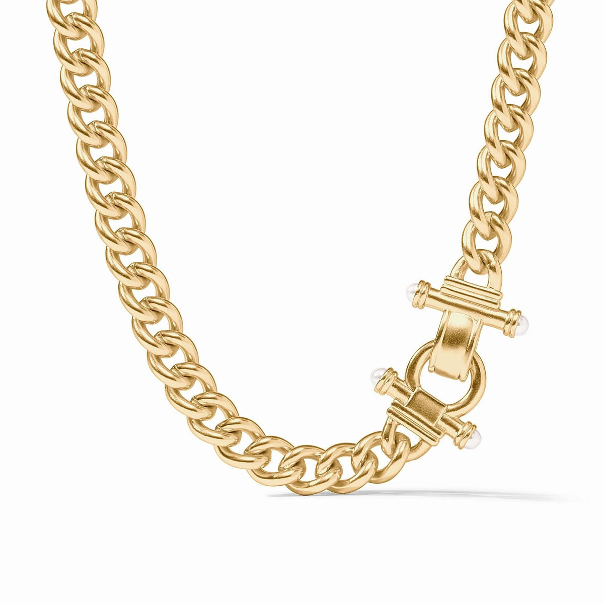 Dolce Demi Link necklace with lustrous glass pearls on an 18-inch chain featuring chic links and a fold-over clasp.