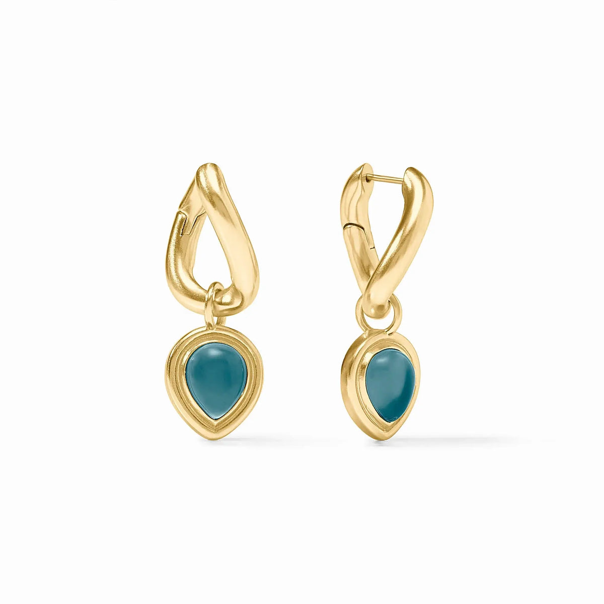 Iridescent Montana blue Dolce hoop earring with charm detail in imported glass