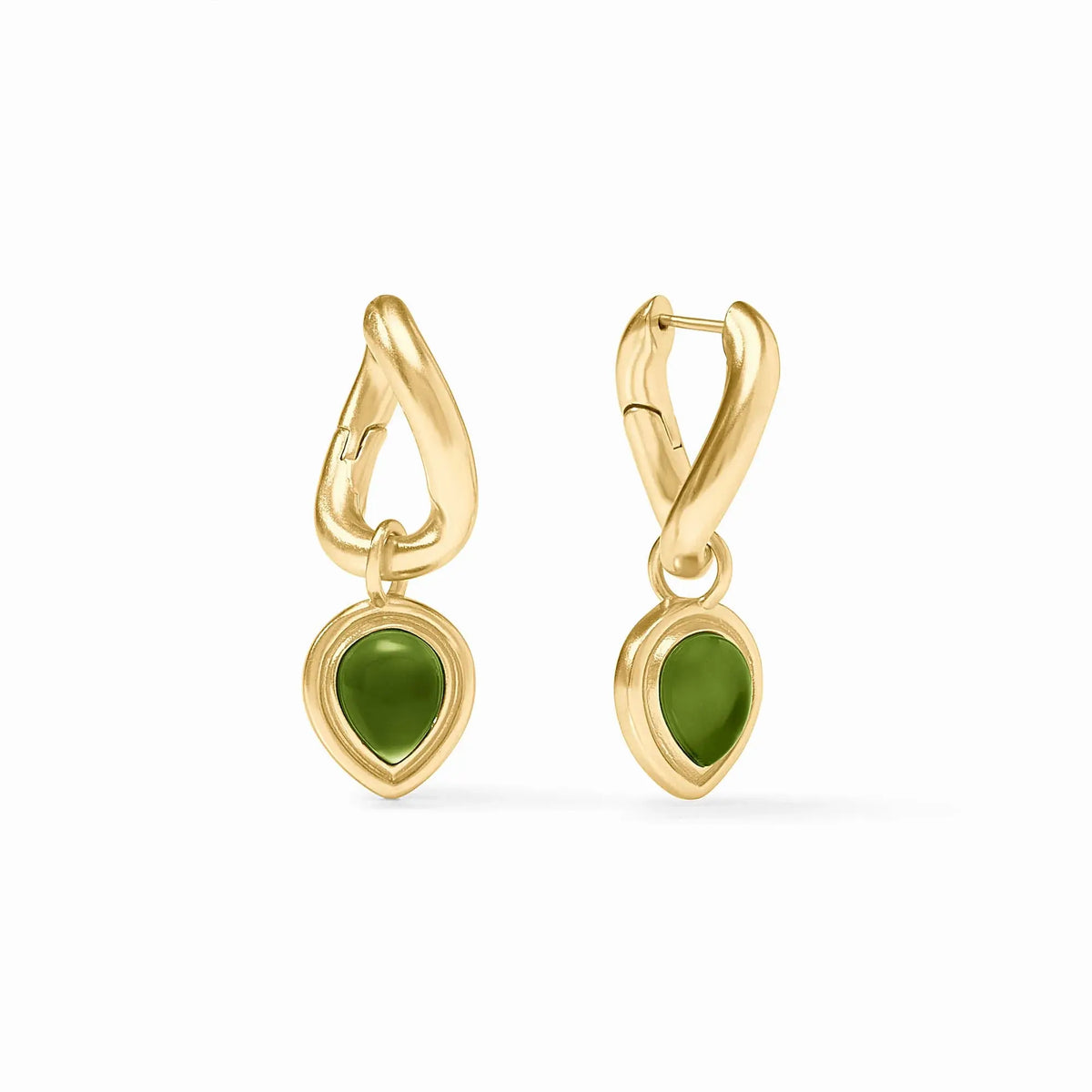 Iridescent palmetto green Dolce hoop earring with charm detail in imported glass and 24K gold plate.