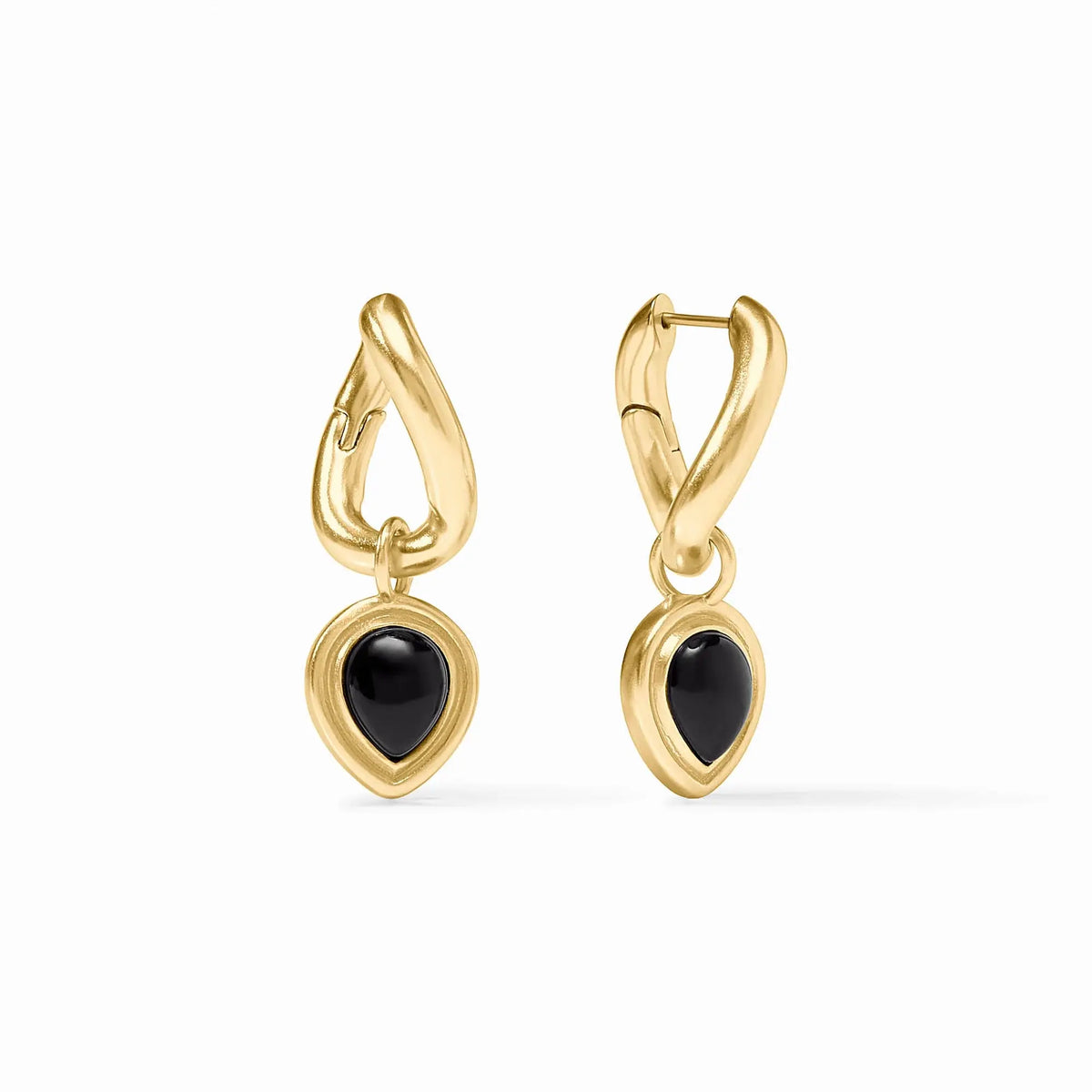 Obsidian black Dolce hoop earring with gold plate finish featuring a dangling glass charm.